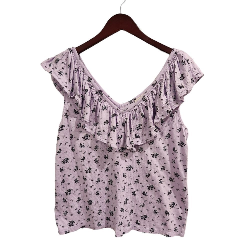 LOFT Purple Floral Top Ruffle Top Medium Petite Sleeveless - Picture 2 of 6